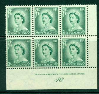 New Zealand 1954 QEII 2d Myrtle Green Plate 16 Block 6