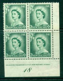 New Zealand 1954 QEII 2d Myrtle Green Plate 18 Block 4