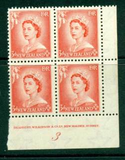 New Zealand 1954 QEII 3d Vermillion Plate 3 Block 4