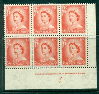 New Zealand 1954 QEII 3d Vermillion Plate 4 Block 6