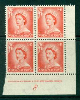 New Zealand 1954 QEII 3d Vermillion Plate 8 Block 4