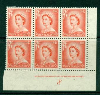 New Zealand 1954 QEII 3d Vermillion Plate 8 Block 6