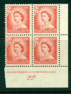 New Zealand 1954 QEII 3d Vermillion Plate 22 Block 4