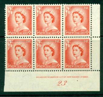 New Zealand 1954 QEII 3d Vermillion Plate 23 Block 6