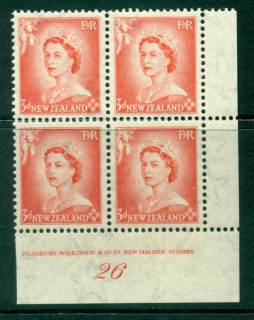 New Zealand 1954 QEII 3d Vermillion Plate 26 Block 4