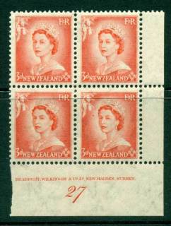 New Zealand 1954 QEII 3d Vermillion Plate 27 Block 4