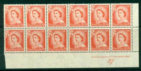 New Zealand 1954 QEII 3d Vermillion Plate 27 Block 12