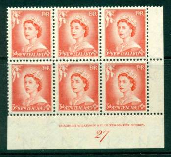 New Zealand 1954 QEII 3d Vermillion Plate 27 Block 6