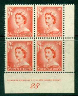 New Zealand 1954 QEII 3d Vermillion Plate 28 Block 4