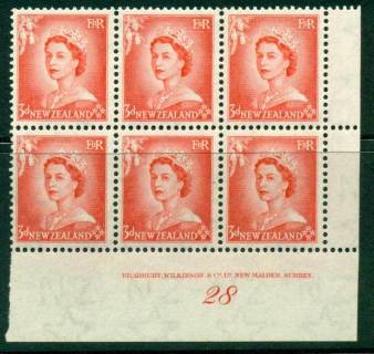 New Zealand 1954 QEII 3d Vermillion Plate 28 Block 6