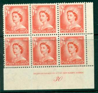 New Zealand 1954 QEII 3d Vermillion Plate 30 Block 6