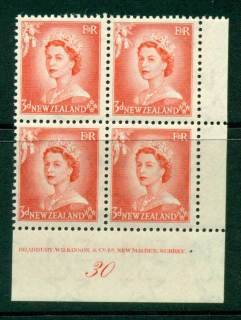 New Zealand 1954 QEII 3d Vermillion Plate 30 Block 4