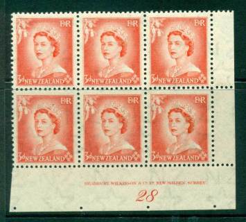 New Zealand 1954 QEII 3d Vermillion Plate 28 Block 6