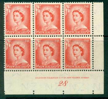 New Zealand 1954 QEII 3d Vermillion Plate 28 Block 6