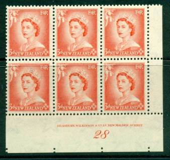 New Zealand 1954 QEII 3d Vermillion Plate 28 Block 6