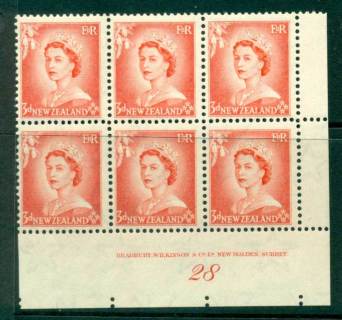 New Zealand 1954 QEII 3d Vermillion Plate 28 Block 6