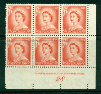 New Zealand 1954 QEII 3d Vermillion Plate 28 Block 6