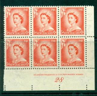 New Zealand 1954 QEII 3d Vermillion Plate 28 Block 6