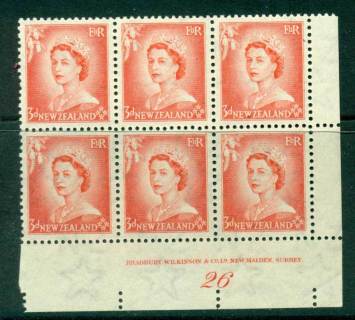 New Zealand 1954 QEII 3d Vermillion Plate 26 Block 6