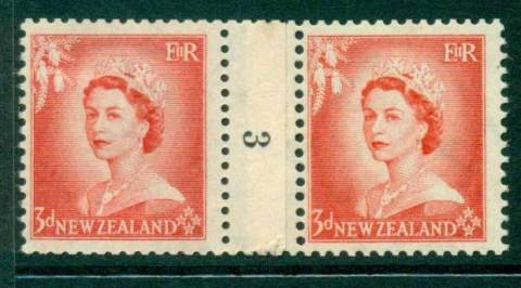 New Zealand 1956 QEII 3d Vermillion Coil Join Pair #3 Downwards