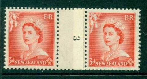 New Zealand 1956 QEII 3d Vermillion Coil Join Pair #3  Downwards