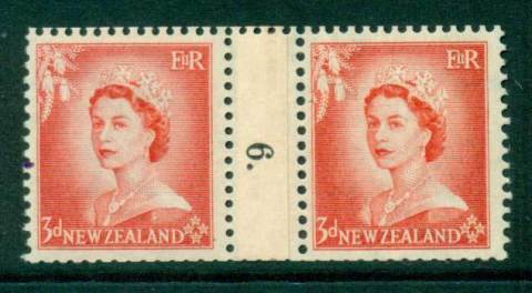 New Zealand 1956 QEII 3d Vermillion Coil Join Pair #6  Downwards