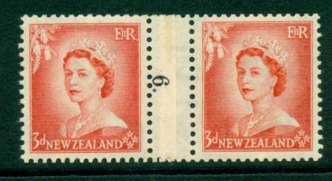 New Zealand 1956 QEII 3d Vermillion Coil Join Pair #6  Downwards