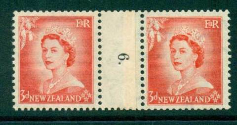 New Zealand 1956 QEII 3d Vermillion Coil Join Pair #6  Downwards