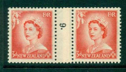 New Zealand 1956 QEII 3d Vermillion Coil Join Pair #9  Downwards