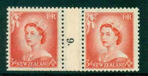 New Zealand 1956 QEII 3d Vermillion Coil Join Pair #9  Downwards