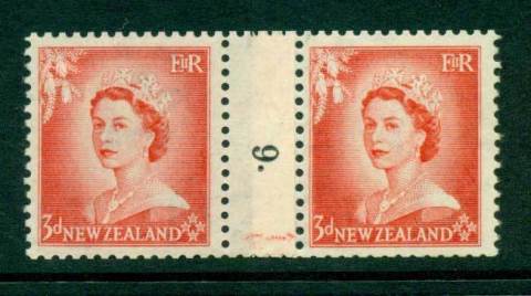 New Zealand 1956 QEII 3d Vermillion Coil Join Pair #9  Downwards