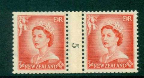 New Zealand 1956 QEII 3d Vermillion Coil Join Pair #5  Downwards