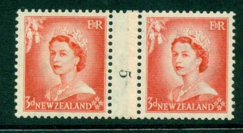 New Zealand 1956 QEII 3d Vermillion Coil Join Pair #5  Downwards