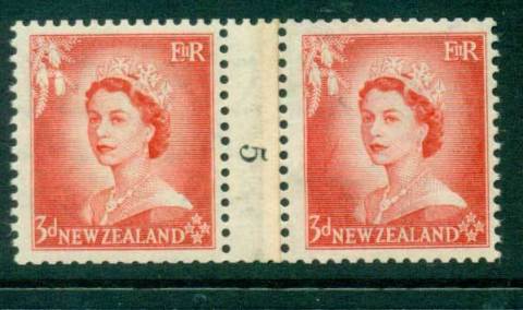 New Zealand 1956 QEII 3d Vermillion Coil Join Pair #5  Downwards