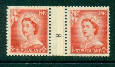 New Zealand 1956 QEII 3d Vermillion Coil Join Pair #8  Downwards