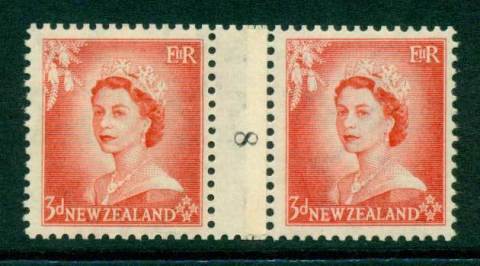 New Zealand 1956 QEII 3d Vermillion Coil Join Pair #8  Downward