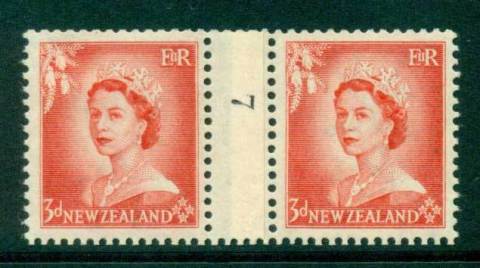 New Zealand 1956 QEII 3d Vermillion Coil Join Pair #7  Downwards