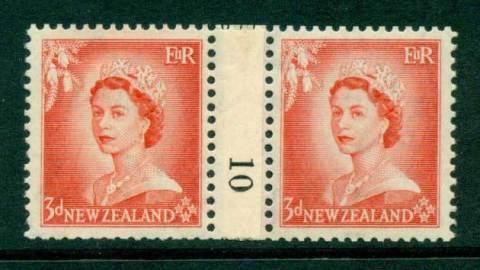 New Zealand 1956 QEII 3d Vermillion Coil Join Pair #10  Downwards