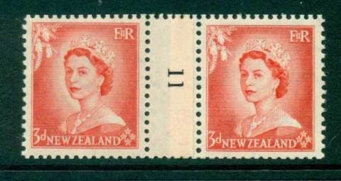 New Zealand 1956 QEII 3d Vermillion Coil Join Pair #11  Downwards