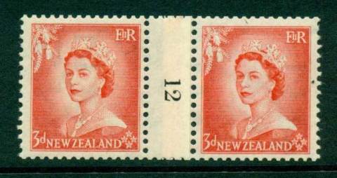 New Zealand 1956 QEII 3d Vermillion Coil Join Pair #12  Downwards