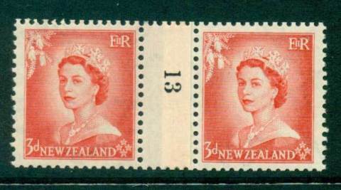 New Zealand 1956 QEII 3d Vermillion Coil Join Pair #13  Downwards