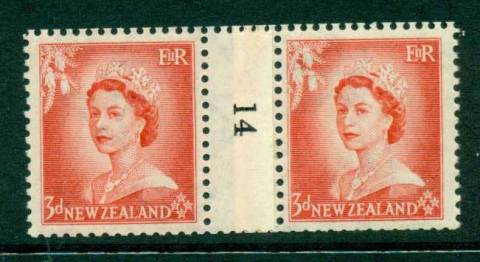 New Zealand 1956 QEII 3d Vermillion Coil Join Pair #14  Downwards