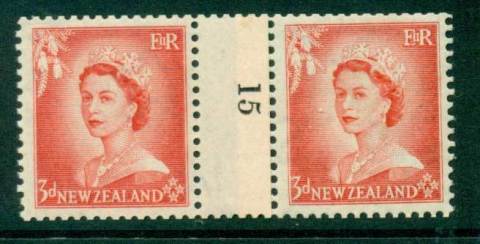 New Zealand 1956 QEII 3d Vermillion Coil Join Pair #15  Downwards