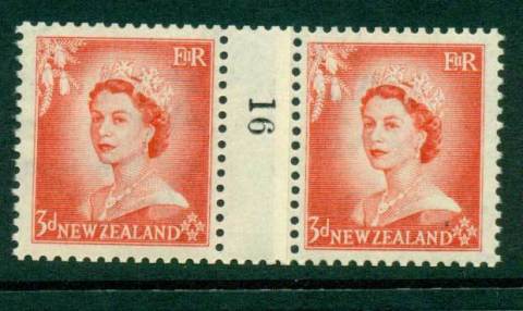 New Zealand 1956 QEII 3d Vermillion Coil Join Pair #16  Downwards