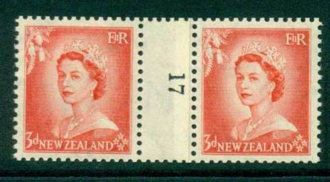 New Zealand 1956 QEII 3d Vermillion Coil Join Pair #17  Downwards