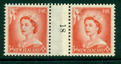 New Zealand 1956 QEII 3d Vermillion Coil Join Pair #18  Downwards