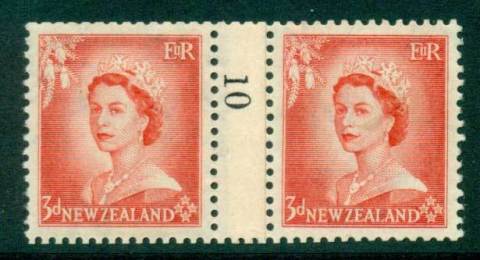 New Zealand 1956 QEII 3d Vermillion Coil Join Pair #10  Downwards