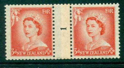 New Zealand 1954 QEII 3d Vermillion Coil Join Pair #1  Upwards