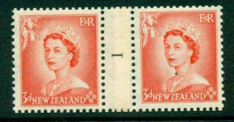 New Zealand 1954 QEII 3d Vermillion Coil Join Pair #1  Upwards