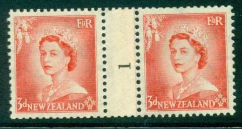 New Zealand 1954 QEII 3d Vermillion Coil Join Pair #1  Upwards